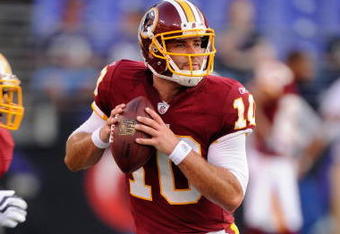 BALTIMORE, MD - AUGUST 13:  Chase Daniel #10 of the Washington Redskins looks to throw a pass during  warm ups of aa NFL preseason football game against the Baltimore Ravens on August 13, 2009 at M & T Bank Stadium in Baltimore, Maryland.   (Photo by Mitchell Layton/Getty Images)