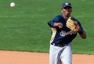 GOODYEAR , AZ - MARCH 06:  Alcides Escobar #21 of the Milwaukee Brewers throws over Andy Cannizaro #26 of the Cleveland Indians to complete a double play during the spring training game at Goodyear Ballpark on March 6, 2009 in Goodyear, Arizona. The Brewers defeated the Indians 17-7.  (Photo by Christian Petersen/Getty Images)