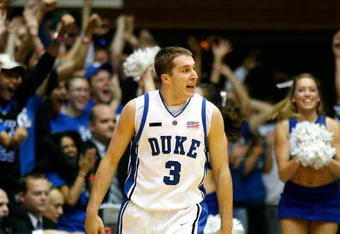 DURHAM, NC - NOVEMBER 27:  Greg Paulus #3 of the Duke Blue Devils reacts after scoring a three-point basket against the Wisconsin Badgers during the first half at Cameron Indoor Stadium on November 27, 2007 in Durham, North Carolina.  Duke defeated Wisconsin 82-58.  (Photo by Kevin C. Cox/Getty Images)