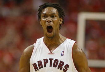 TORONTO,ON - APRIL 24:  Chris Bosh #4 of the Toronto Raptors shows his excitment against the Orlando Magic in Game 3 of the Eastern Conference Quarterfinals on April 24, 2008 at the Air Canada Centre in Toronto, Ontario. The Raptors defeated the Magic 108-94. (Photo by Claus Andersen/Getty Images)