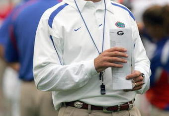 JACKSONVILLE, FL - OCTOBER 27: Head coach Urban Myer  of the Florida Gators yells instructions before the game against the Georgia Bulldogs at Jacksonville Municipal Stadium on October 27, 2007 in Jacksonville, Florida. (Photo by Ronald Martinez/Getty Images) 
