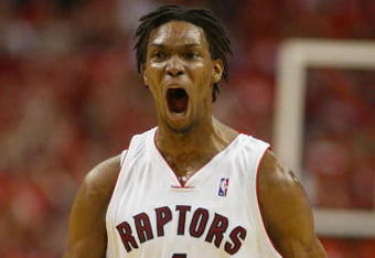 TORONTO,ON - APRIL 24:  Chris Bosh #4 of the Toronto Raptors shows his excitment against the Orlando Magic in Game 3 of the Eastern Conference Quarterfinals on April 24, 2008 at the Air Canada Centre in Toronto, Ontario. The Raptors defeated the Magic 108-94. (Photo by Claus Andersen/Getty Images)
