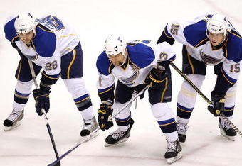 GLENDALE, AZ - APRIL 07:  (L-R) Carlo Colaiacovo #28, Dan Hinote #13 and Brad Winchester #15 of the St. Louis Blues lean in during a face off against the Phoenix Coyotes in the NHL game at Jobing.com Arena on April 7, 2009 in Glendale, Arizona.  The Blues defeated the Coyotes 5-1. (Photo by Christian Petersen/Getty Images)