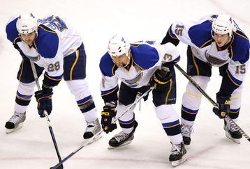 GLENDALE, AZ - APRIL 07:  (L-R) Carlo Colaiacovo #28, Dan Hinote #13 and Brad Winchester #15 of the St. Louis Blues lean in during a face off against the Phoenix Coyotes in the NHL game at Jobing.com Arena on April 7, 2009 in Glendale, Arizona.  The Blues defeated the Coyotes 5-1. (Photo by Christian Petersen/Getty Images)
