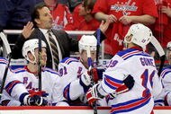 WASHINGTON - APRIL 15:  Head Coach John Tortorella of the New York Rangers discuses strategy during a stoppage of play against the Washington Capitals during Game One of the Eastern Conference Quarterfinals Round of the 2009 Stanley Cup Playoffs on April 15, 2009 at the Verizon Center in Washington,  DC.  (Photo by Len Redkoles/Getty Images)