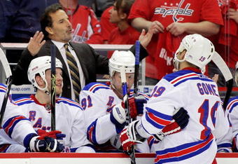 WASHINGTON - APRIL 15:  Head Coach John Tortorella of the New York Rangers discuses strategy during a stoppage of play against the Washington Capitals during Game One of the Eastern Conference Quarterfinals Round of the 2009 Stanley Cup Playoffs on April 15, 2009 at the Verizon Center in Washington,  DC.  (Photo by Len Redkoles/Getty Images)
