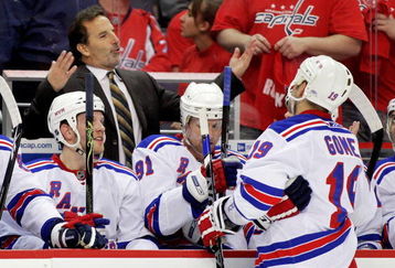 WASHINGTON - APRIL 15:  Head Coach John Tortorella of the New York Rangers discuses strategy during a stoppage of play against the Washington Capitals during Game One of the Eastern Conference Quarterfinals Round of the 2009 Stanley Cup Playoffs on April 15, 2009 at the Verizon Center in Washington,  DC.  (Photo by Len Redkoles/Getty Images)