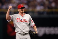 ST PETERSBURG, FL - OCTOBER 23:  Brett Myers #39 of the Philadelphia Phillies reacts in the bottom of the second inning against the Tampa Bay Rays during game two of the 2008 MLB World Series on October 23, 2008 at Tropicana Field in St. Petersburg, Florida.  (Photo by Jed Jacobsohn/Getty Images)
