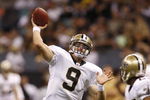 NEW ORLEANS - AUGUST 14:  Quarterback Drew Brees #9 of the New Orleans Saints throws a touchdown pass to tight end Jeremy Shockey (not pictured) during a preseason game against the Cincinnati Bengals on August 14, 2009 at the Superdome in New Orleans, Louisiana. (Photo by Chris Graythen/Getty Images)