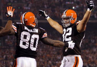 CLEVELAND - NOVEMBER 06:  Kellen Winslow #80 of the Cleveland Browns celebrates with Steve Heiden #82 after scoring a touchdown against the Denver Broncos during the first quarter of their NFL game at Cleveland Browns Stadium November 6, 2008 in Cleveland, Ohio.  (Photo by Matt Sullivan/Getty Images)