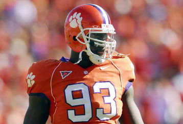 CLEMSON, SC - NOVEMBER 25: Gaines Adams #93 of the Clemson Tigers walks on the field during the game against the South Carolina Gamecocks at Memorial Stadium on November 25, 2006 in Clemson, South Carolina. South Carolina won 31-28. (Photo by Grant Halverson/Getty Images)