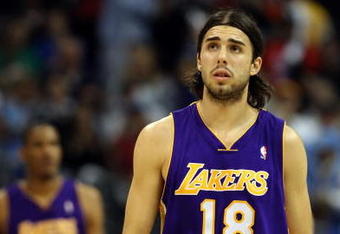 DENVER - MAY 25:  Sasha Vujacic #18 of the Los Angeles Lakers looks on in the fourth quarter against the Denver Nuggets in Game Four of the Western Conference Finals during the 2009 NBA Playoffs at Pepsi Center on May 25, 2009 in Denver, Colorado. NOTE TO USER: User expressly acknowledges and agrees that, by downloading and or using this photograph, User is consenting to the terms and conditions of the Getty Images License Agreement.  (Photo by Jed Jacobsohn/Getty Images)