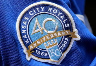 BALTIMORE - JULY 30:  A detail photo of the patch commemorating the 40th Anniversary of the Kansas City Royals on the uniform of Alberto Callaspo #13 of the Kansas City Royals as he warms up on deck against the Baltimore Orioles during MLB action at Oriole Park at Camden Yards on July 30, 2009 in Baltimore, Maryland. The Orioles defeated the Royals 7-3.  (Photo by Doug Pensinger/Getty Images)