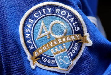 BALTIMORE - JULY 30:  A detail photo of the patch commemorating the 40th Anniversary of the Kansas City Royals on the uniform of Alberto Callaspo #13 of the Kansas City Royals as he warms up on deck against the Baltimore Orioles during MLB action at Oriole Park at Camden Yards on July 30, 2009 in Baltimore, Maryland. The Orioles defeated the Royals 7-3.  (Photo by Doug Pensinger/Getty Images)