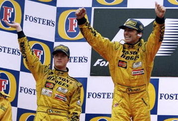 30 Aug 1998:  Damon Hill of Great Britain wins and Ralf Schumacher of Germany finishes second both driving for Jordan Mugen Honda at the Belgian Grand Prix at Spa-Francorchamps in Belgium. \ Mandatory Credit: Clive Mason /Allsport