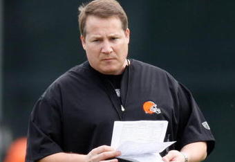 BEREA, OH - MAY 02:  Head coach Eric Mangini of the Cleveland Browns looks on  during rookie mini camp at the Cleveland Browns Training and Administrative Complex on May 2, 2009 in Berea, Ohio.  (Photo by Gregory Shamus/Getty Images)