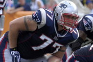 MIAMI, FL - OCTOBER 21: Tackle Nick Kaczur #77 of the New England Patriots sets to block against the Miami Dolphins at Dolphin Stadium on October 21, 2007 in Miami, Florida.  The Pats won 49 - 28. (Photo by Al Messerschmidt/Getty Images)