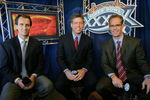 JACKSONVILLE, FL - FEBRUARY 6:  (L-R) FOX game broadcasters Cris Collinsworth, Troy Aiken and Joe Buck during the XXXIX Superbowl pregame show at Alltel Stadium on February 6, 2005 in Jacksonville, Florida.  (Photo by Frank Micelotta/Getty Images)