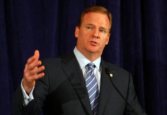 NEW YORK - JULY 27:  NFL Commissioner Roger Goodell answers questions from the media after reinstating Michael Vick on a conditional basis on July 27, 2009 at the InterContinental Hotel in New York City.  (Photo by Mike Stobe/Getty Images)
