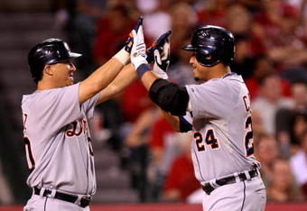 ANAHEIM, CA - AUGUST 24:  Miguel Cabrera #24 of the Detroit Tigers is greeted by Maggglio Ordonez #30 after both scored on Cabrera's two-run home run in the fifth innng against the Los Angeles Angels of Anaheim on August 24, 2009 at Angel Stadium in Anaheim, California.   (Photo by Stephen Dunn/Getty Images)