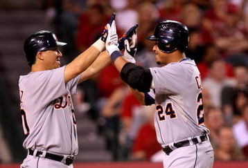ANAHEIM, CA - AUGUST 24:  Miguel Cabrera #24 of the Detroit Tigers is greeted by Maggglio Ordonez #30 after both scored on Cabrera's two-run home run in the fifth innng against the Los Angeles Angels of Anaheim on August 24, 2009 at Angel Stadium in Anaheim, California.   (Photo by Stephen Dunn/Getty Images)