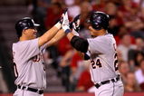 ANAHEIM, CA - AUGUST 24:  Miguel Cabrera #24 of the Detroit Tigers is greeted by Maggglio Ordonez #30 after both scored on Cabrera's two-run home run in the fifth innng against the Los Angeles Angels of Anaheim on August 24, 2009 at Angel Stadium in Anaheim, California.   (Photo by Stephen Dunn/Getty Images)