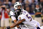 BALTIMORE - AUGUST 24:  Mark Sanchez #6 of the New York Jets is hit by Ray Lewis #52 of the Baltimore Ravens in a preseason game at M&T Bank Stadium on August 24, 2009 in Baltimore, Maryland.  Sanchez's pass was intercepted and returned for a touchdown on the play.  (Photo by Greg Fiume/Getty Images)