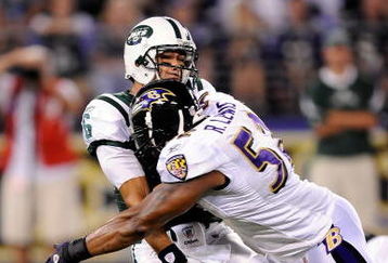 BALTIMORE - AUGUST 24:  Mark Sanchez #6 of the New York Jets is hit by Ray Lewis #52 of the Baltimore Ravens in a preseason game at M&T Bank Stadium on August 24, 2009 in Baltimore, Maryland.  Sanchez's pass was intercepted and returned for a touchdown on the play.  (Photo by Greg Fiume/Getty Images)