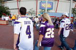 MINNEAPOLIS, MN - AUGUST 21: A fan wears a Brett Favre and Adrian Peterson jersey as they walk to the Metrodome prior to the game against the Minnesota Vikings against the Kansas City Chiefs at Hubert H. Humphrey Metrodome on August 21, 2009 in Minneapolis, Minnesota. (Photo by Scott Boehm/Getty Images)