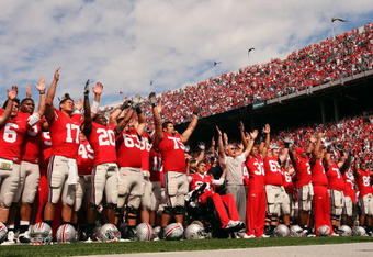 COLUMBUS, OH - SEPTEMBER 27:  Ohio State Buckeyes' head coach Jim Tressel leads his team in the singing of the school's alma mater, Carmen Ohio, after the Buckeyes defeated the Minnesota Golden Gophers 34-21 on September 27, 2008 at Ohio Stadium in Columbus, Ohio.  (Photo by Jamie Sabau/Getty Images)