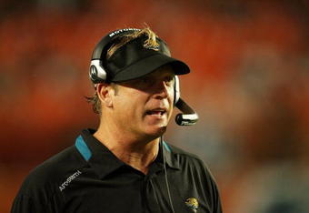 MIAMI - AUGUST 17:  Head coach Jack Del Rio of the Jacksonville Jaguars watches his team take on the Miami Dolphins during a preseason game at Landshark Stadium on August 17, 2009 in Miami, Florida. The Dolphins defeated the Jaguars 12-9.  (Photo by Doug Benc/Getty Images)