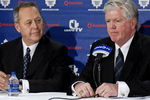 TORONTO - NOVEMBER 29:   MLSE President and CEO Richard Peddie and Brian Burke attend a press conference announcing Burke as the teams new General Manager November 29, 2008 at the Air Canada Centre in Toronto, Ontario, Canada. (Photo by Brad White/Getty Images)