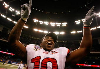 NEW ORLEANS - JANUARY 02:  Linebacker Stevenson Sylvester #10 of the Utah Utes celebrates after defeating the Alabama Crimson Tide 31-17 during the 75th Allstate Sugar Bowl at the Louisiana Superdome on January 2, 2009 in New Orleans, Louisiana.  (Photo by Kevin C. Cox/Getty Images)