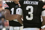 CLEVELAND - SEPTEMBER 16:  Brady Quinn #10 and Derek Anderson #3 of the Cleveland Browns look on during the NFL game against the Cincinnati Bengals at the Cleveland Browns Stadium on September 16, 2007 in Cleveland, Ohio. (Photo by Jeff Gross/Getty Images)