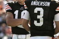 CLEVELAND - SEPTEMBER 16: Brady Quinn #10 and Derek Anderson #3 of the Cleveland Browns look on during the NFL game against the Cincinnati Bengals at the Cleveland Browns Stadium on September 16, 2007 in Cleveland, Ohio. (Photo by Jeff Gross/Getty Images)