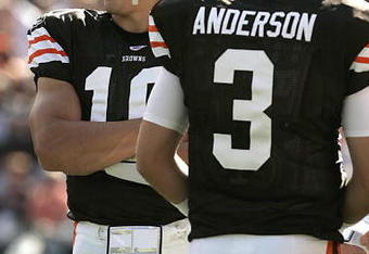 CLEVELAND - SEPTEMBER 16:  Brady Quinn #10 and Derek Anderson #3 of the Cleveland Browns look on during the NFL game against the Cincinnati Bengals at the Cleveland Browns Stadium on September 16, 2007 in Cleveland, Ohio. (Photo by Jeff Gross/Getty Images)