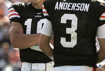 CLEVELAND - SEPTEMBER 16:  Brady Quinn #10 and Derek Anderson #3 of the Cleveland Browns look on during the NFL game against the Cincinnati Bengals at the Cleveland Browns Stadium on September 16, 2007 in Cleveland, Ohio. (Photo by Jeff Gross/Getty Images)