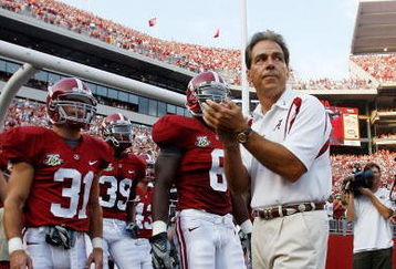 TUSCALOOSA, AL - SEPTEMBER 01:  Head Coach Nick Saban of Alabama prepares to take the field against Western Carolina on September 1, 2007 at Bryant-Denny Stadium in Tuscaloosa, Alabama. (Photo by Chris Graythen/Getty Images)