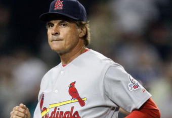 LOS ANGELES, CA - AUGUST 19:  St. Louis Cardinals manager Tony La Russa runs back to the dugout during the game against the Los Angeles Dodgers at Dodger Stadium on August 19, 2009 in Los Angeles, California.  (Photo by Jeff Gross/Getty Images)