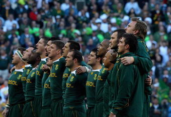 CAPE TOWN, SOUTH AFRICA - AUGUST 08: The Springboks line up for the anthem during the Tri Nations match between the South Africa Springboks and the Australia Wallabies at Newlands Stadium on August 8, 2009 in Cape Town, South Africa.  (Photo by David Rogers/Getty Images)