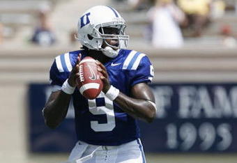 DURHAM, NC - SEPTEMBER 13:  Thaddeus Lewis #9 of the Duke Blue Devils drops back to pass against the Navy Midshipmen during the game at Wallace Wade Stadium on September 13, 2008 in Durham, North Carolina.  (Photo by Kevin C. Cox/Getty Images)