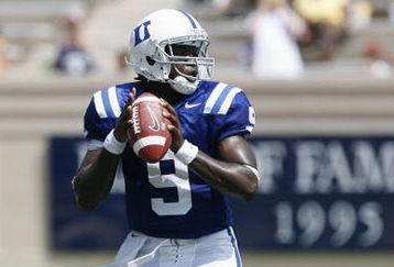 DURHAM, NC - SEPTEMBER 13:  Thaddeus Lewis #9 of the Duke Blue Devils drops back to pass against the Navy Midshipmen during the game at Wallace Wade Stadium on September 13, 2008 in Durham, North Carolina.  (Photo by Kevin C. Cox/Getty Images)
