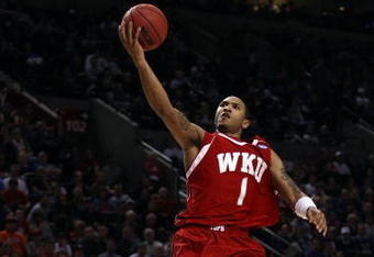 PORTLAND, OR - MARCH 21:  Sergio Kerusch #1 of the Western Kentucky Hilltoppers goes up for a layup as Demetri Goodson #3 of the Gonzaga Bulldogs looks on during the second round of the NCAA Division I Men's Basketball Tournament at the Rose Garden on March 21, 2009 in Portland, Oregon.  (Photo by Jonathan Ferrey/Getty Images)