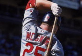 1 Jul 2001:  Mark McGwire #25 of the St. Louis Cardinals warms up to bat during the game against the San Francisco Giants at Pac Bell Park in San Francisco, California.  The Giants defeated the Cardinals 5-4.Mandatory Credit: Jed Jacobsohn  /Allsport
