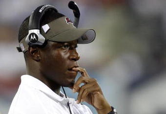 NASHVILLE, TN - AUGUST 15: Raheem Morris, head coach of the Tampa Bay Buccaneers watches the action from the sideline against the Tennessee Titans during a preseason NFL game at LP Field on August 15, 2009 in Nashville, Tennessee. The Titans beat the Buccaneers 27-20. (Photo by Joe Murphy/Getty Images) 