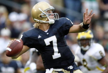 SOUTH BEND, IN - SEPTEMBER 13:  Jimmy Clausen #7 of the Notre Dame Fighting Irish throws a first quarter pass while playing the Michigan Wolverines on September 13, 2008 at Notre Dame Stadium in South Bend, Indiana. Notre Dame won the game 35-17.  (Photo by Gregory Shamus/Getty Images)