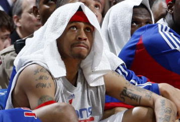 CLEVELAND - FEBRUARY 22: Allen Iverson #1 of the Detroit Pistons looks on from the bench during a loss to the Cleveland Cavaliers on February 22, 2009 at the Quicken Loans Arena in Cleveland, Ohio. Cleveland won the game 99-78. NOTE TO USER: User expressly acknowledges and agrees that, by downloading and or using this photograph, User is consenting to the terms and conditions of the Getty Images License Agreement.  (Photo by Gregory Shamus/Getty Images)