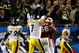 TAMPA, FL - FEBRUARY 01: Ben Roethlisberger #7 of the Pittsburgh Steelers celebrates after he threw a 6-yard touchdown pass to Santonio Holmes #10 in the fourth quarter against the Arizona Cardinals during Super Bowl XLIII on February 1, 2009 at Raymond James Stadium in Tampa, Florida. Steelers won 27-23. (Photo by Al Bello/Getty Images)