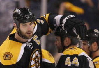 BOSTON - MAY 01:  Zdeno Chara #33 of the Boston Bruins celebrates with teammate Aaron Ward #44 after a goal in the first period against the Carolina Hurricanes during Game One of the Eastern Conference Semifinal Round of the 2009 Stanley Cup Playoffs on May 1, 2009 at the TD Banknorth Garden in Boston, Massachusetts. The Bruins defeated the Hurricanes 4-1.  (Photo by Elsa/Getty Images)