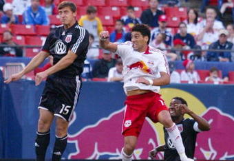 EAST RUTHERFORD, NJ - AUGUST 10: Gabriel Cichero #17 of the New York Red Bulls defends as Rod Dyachenko #15 of DC United heads the ball away during their game at Giants Stadium on August 10, 2008 in East Rutherford, New Jersey.  (Photo by Andy Marlin/Getty Images for New York Red Bulls)